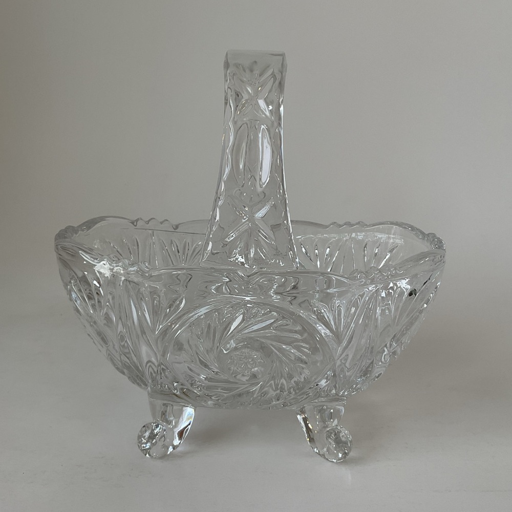 Pinwheel Design Crystal Footed Basket / Candy Dish with Handle Vintage